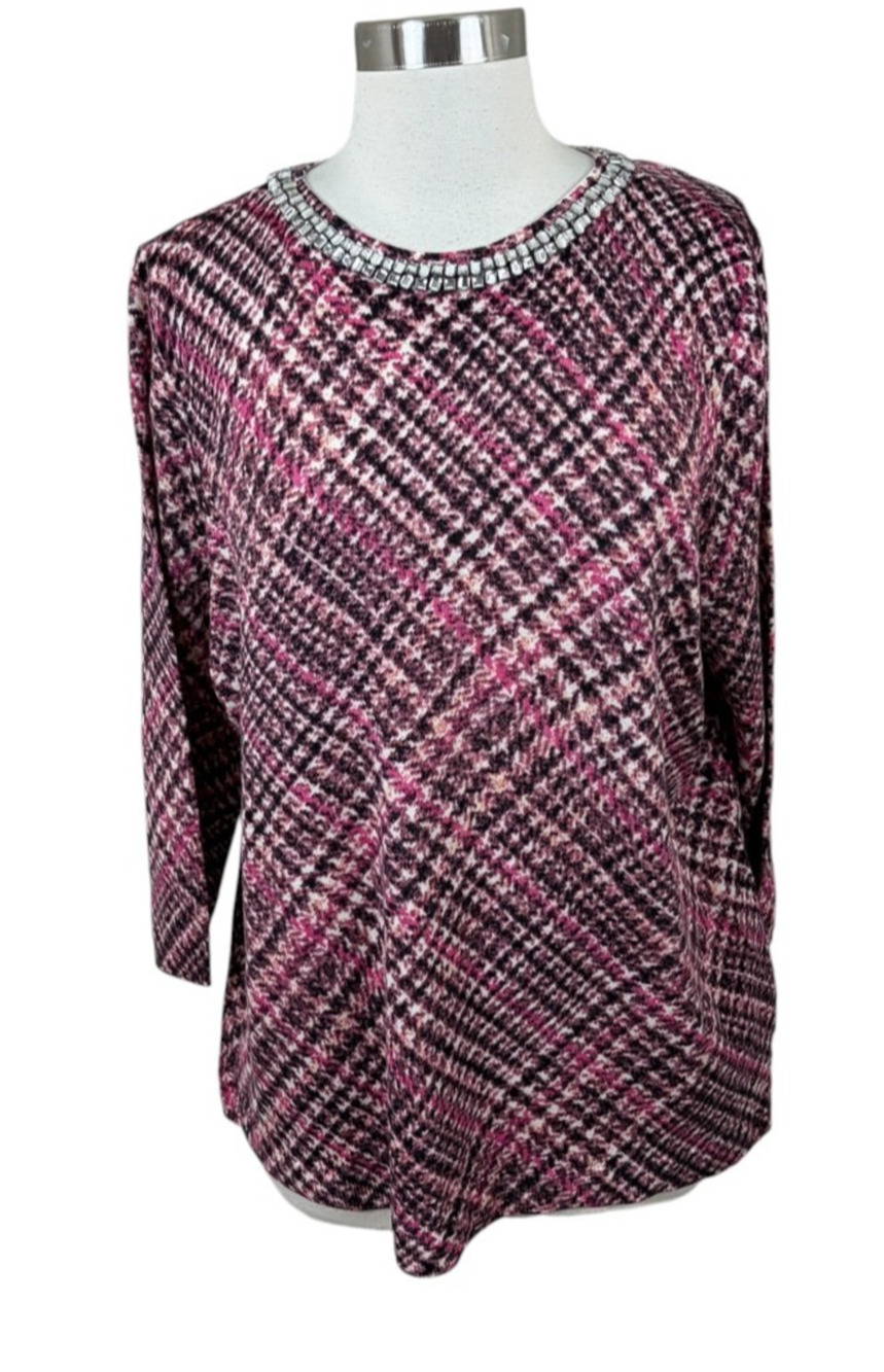 Talbots NEW Burgundy Pink Plaid 100% Merino Wool Jeweled Neckline Sweater 1X